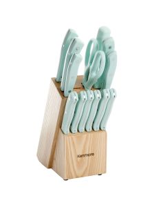 Kenmore Kane 14 Piece Stainless Steel Cutlery Set in Glacier Blue with Rubber Wood Block