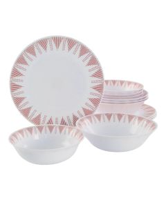 Ultra by Gibson Piper Point 12 Piece Opal Glass Dinnerware Set in White With Red Accents